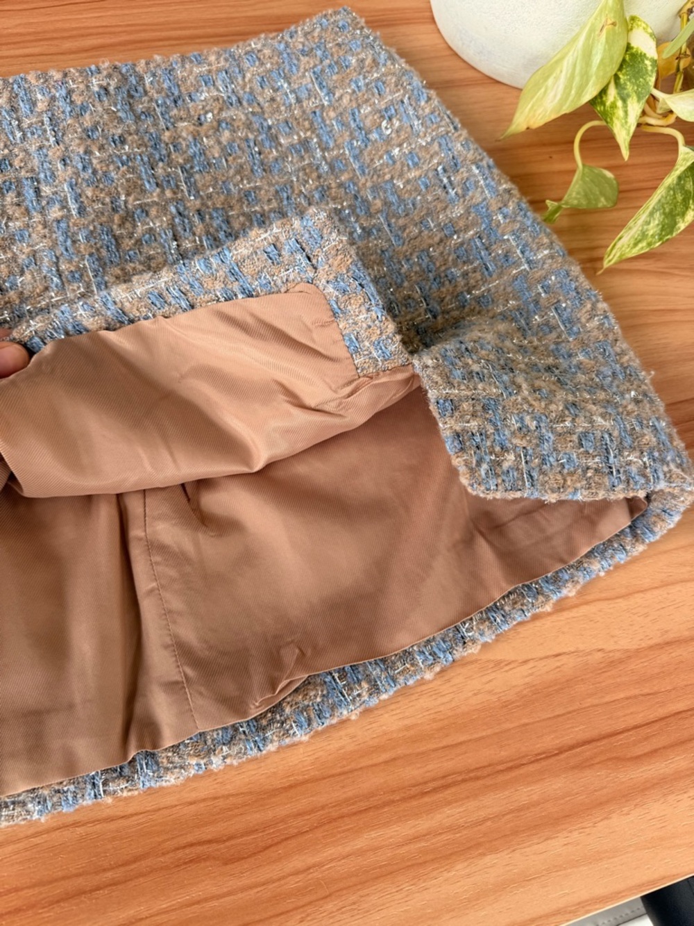 Astr Blue and Beige Tweed Mini Skirt with Front Slit - Picture 2 of 5